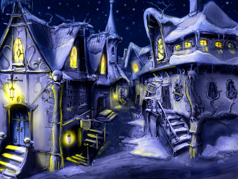Snow-covered Village — Blue, Mysterious