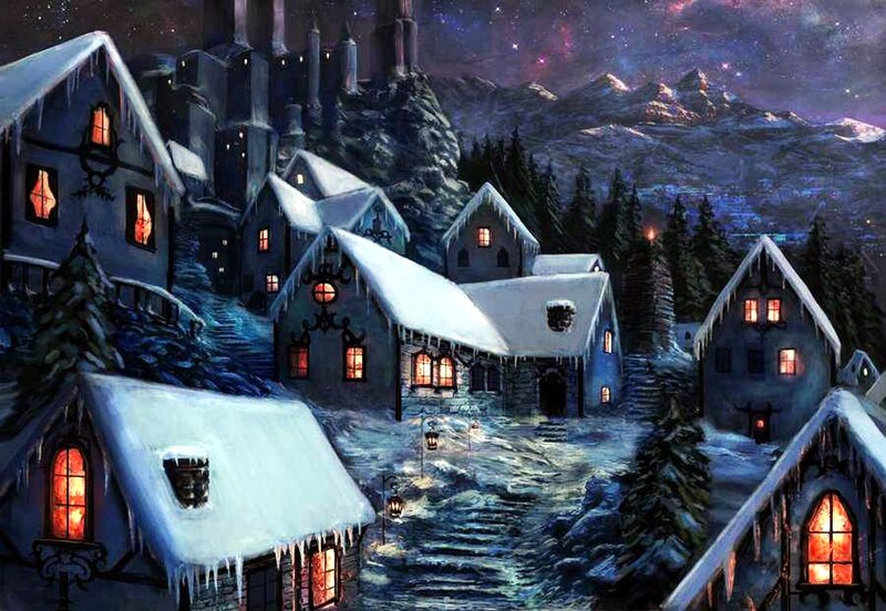 Snow-covered Village — Blue, Peaceful, Night, Digital Art, Houses, Mountains