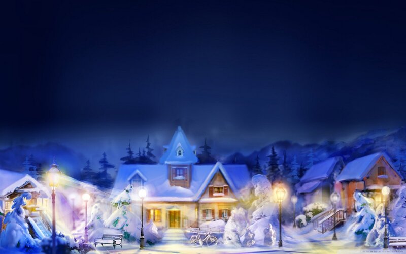 Snow-covered Village — Blue, Peaceful, Night, Digital Art, Houses