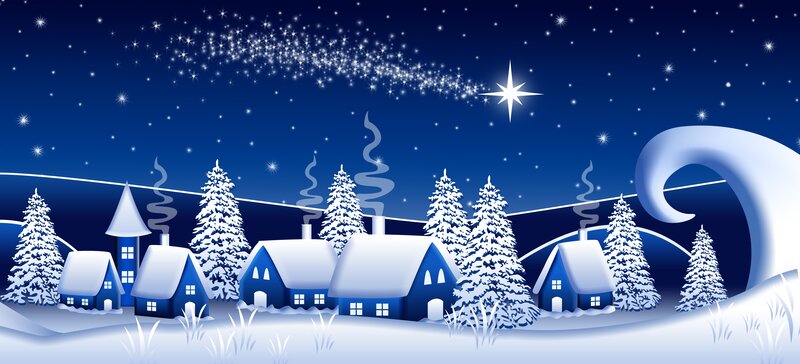 Snow-covered Village — Blue, Peaceful, Night, Digital Art, Houses, Trees
