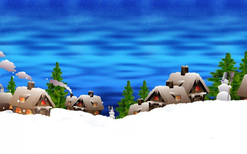 Snow-covered Village — Blue, Peaceful, Night, Digital Art, Snowmen