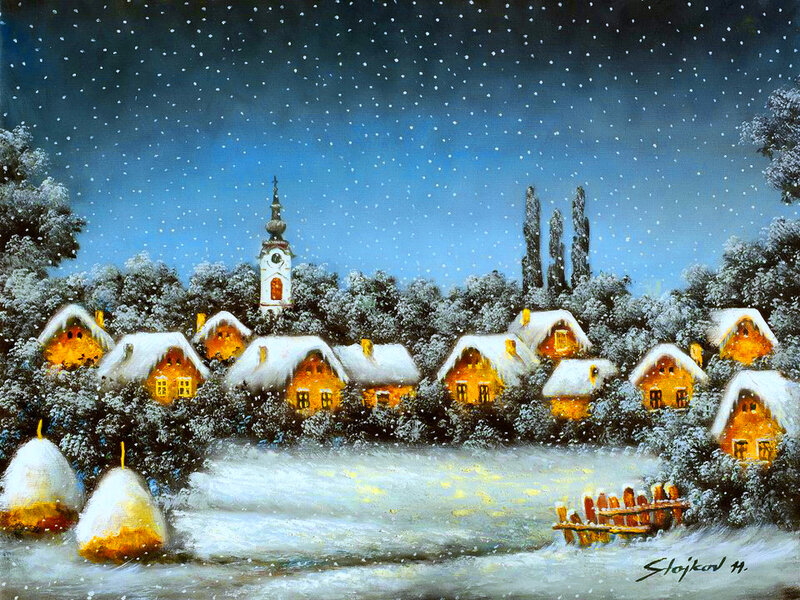 Snow-covered Village — Blue, Peaceful, Night, Painting, Houses