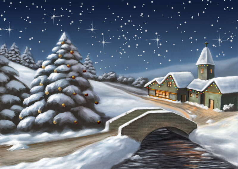 Snow-covered Village — Blue, Peaceful, Night
