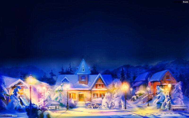 Snow-covered Village — Blue, Peaceful