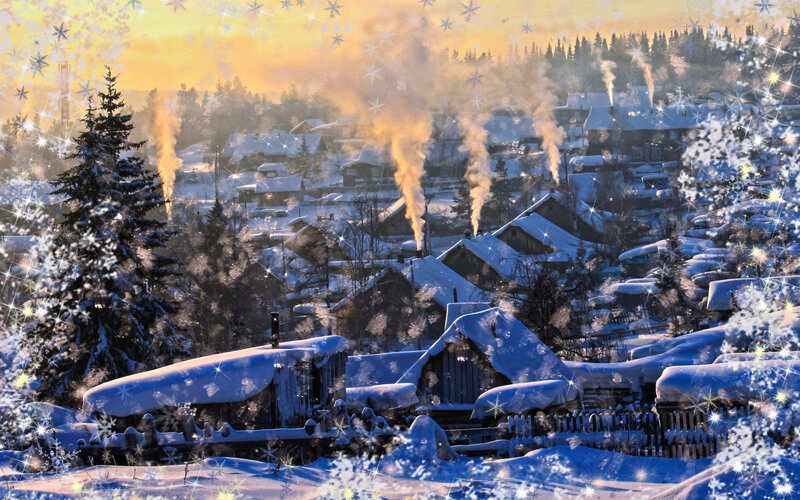 Snow-covered Village — Blue, Peaceful, Winter, Digital Art