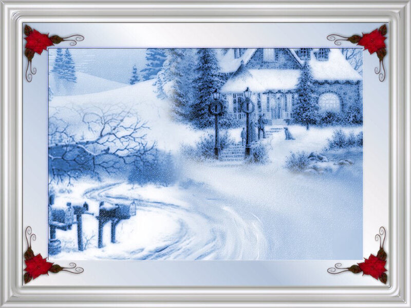 Snow-covered Village — Blue, Peaceful, Winter, Illustration, House