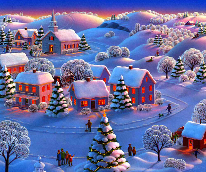 Snow-covered Village — Blue, Peaceful, Winter, Illustration, Houses