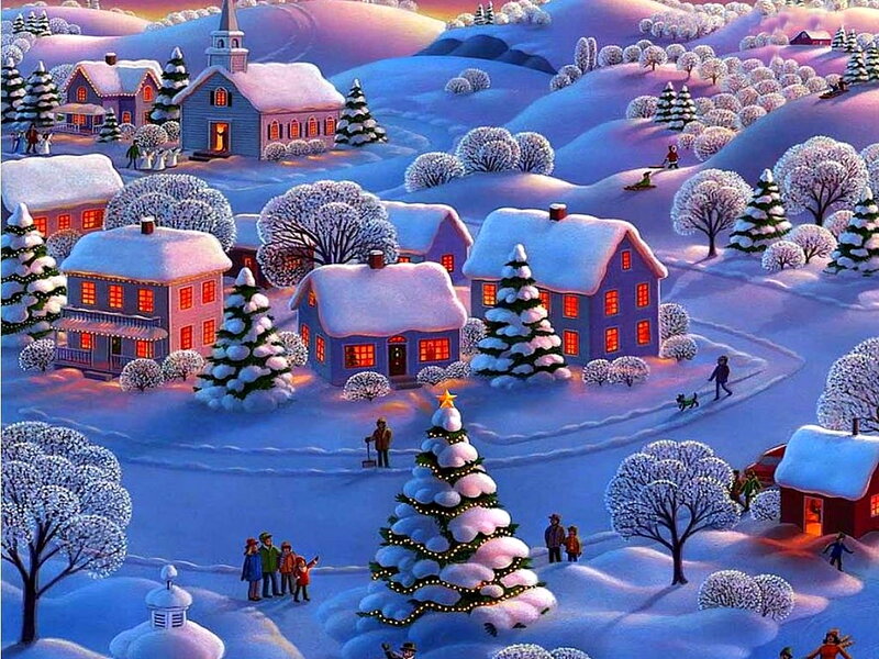 Snow-covered Village — Blue, Peaceful, Winter