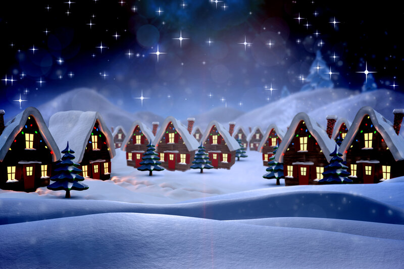 Snow-covered Village — Blue, Serene, Night, Digital Art, Houses, Trees