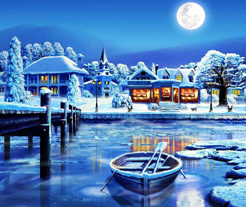 Snow-covered Village — Blue, Serene, Night, Digital Art, Moon, Boat