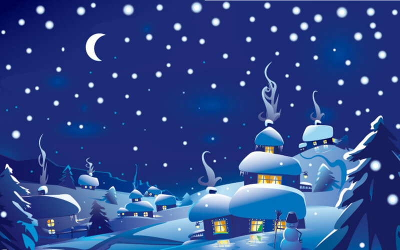 Snow-covered Village — Blue, Serene, Night, Digital Art, Moon, Snowman