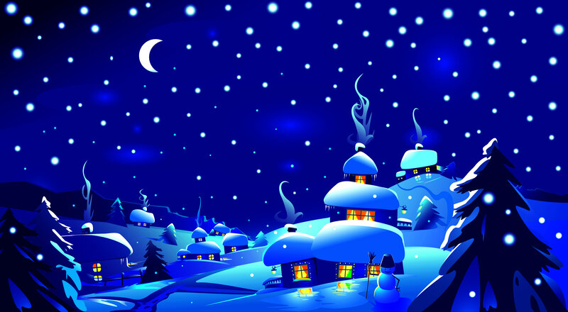 Snow-covered Village — Blue, Serene, Night, Digital Art, Moon, Snowman, Trees
