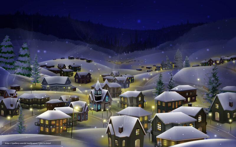 Snow-covered Village — Blue, Serene, Night, Digital Art