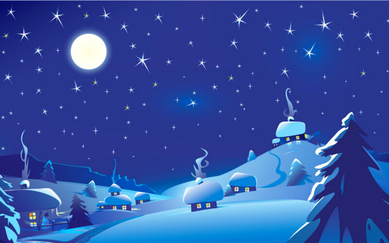 Snow-covered Village — Blue, Serene, Night, Illustration