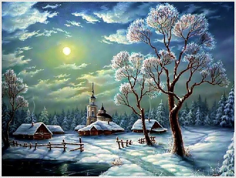 Snow-covered Village — Blue, Serene, Night, Painting, Church