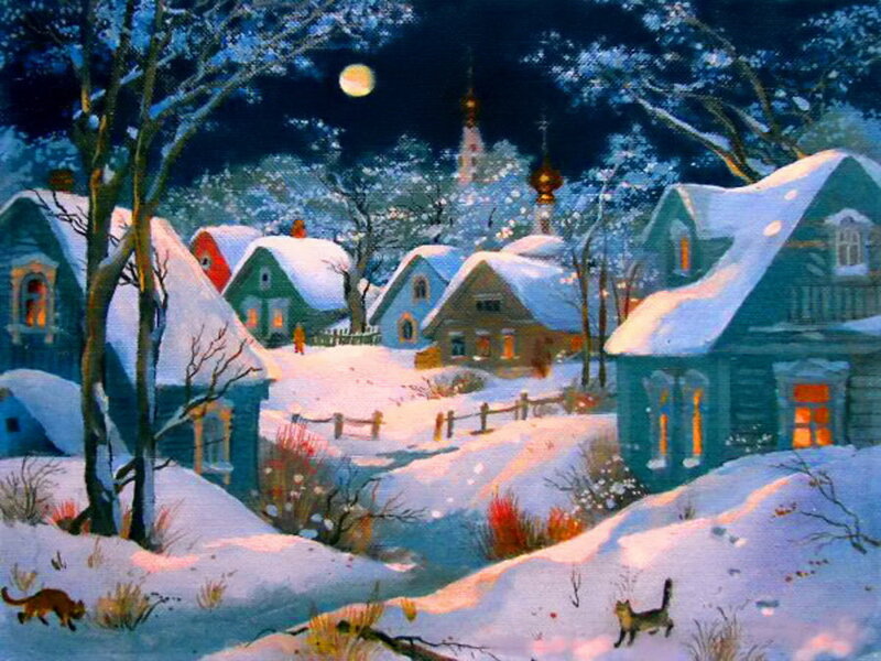Snow-covered Village — Blue, Serene, Night, Painting, Houses