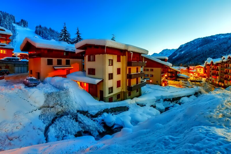 Snow-covered Village — Blue, Serene, Night, Photograph, Buildings