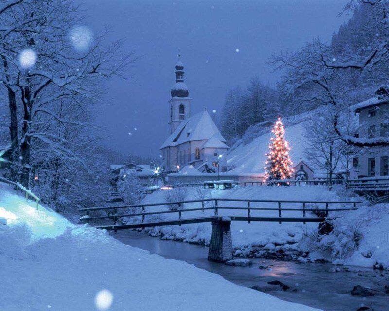 Snow-covered Village — Blue, Serene, Night, Photograph, Church