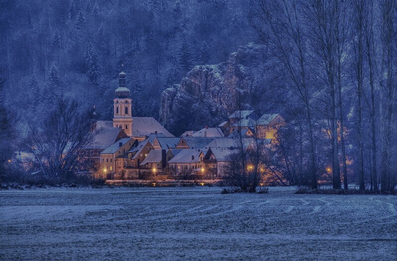 Snow-covered Village — Blue, Serene, Night, Photograph, Church, Trees