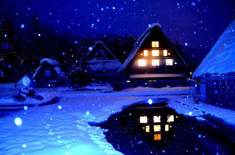 Snow-covered Village — Blue, Serene, Night, Photograph, Houses, Snow