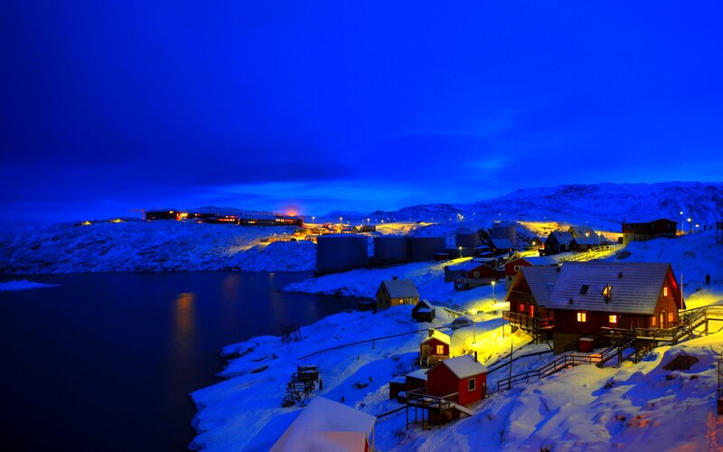 Snow-covered Village — Blue, Serene, Night, Photograph, Houses