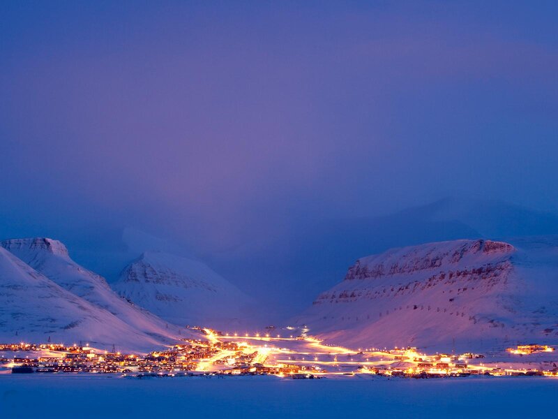 Snow-covered Village — Blue, Serene, Night, Photograph, Mountains, Lights