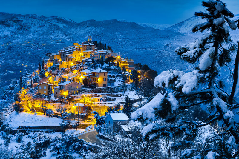 Snow-covered Village — Blue, Serene, Night, Photograph, Mountains, Trees