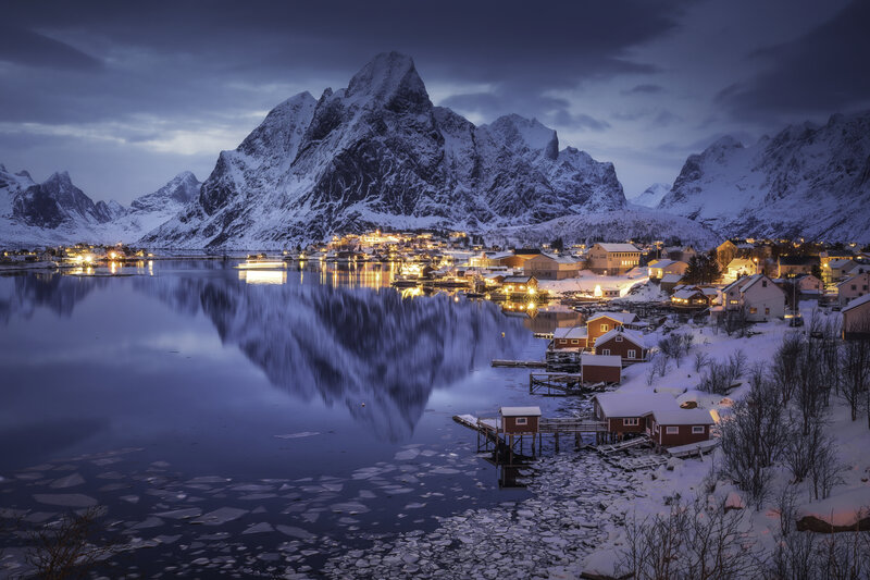 Snow-covered Village — Blue, Serene, Night, Photograph, Mountains, Water