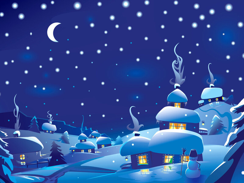Snow-covered Village — Blue, Serene, Night