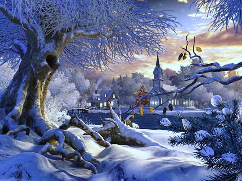 Snow-covered Village — Blue, Serene, Winter, Digital Art, Church