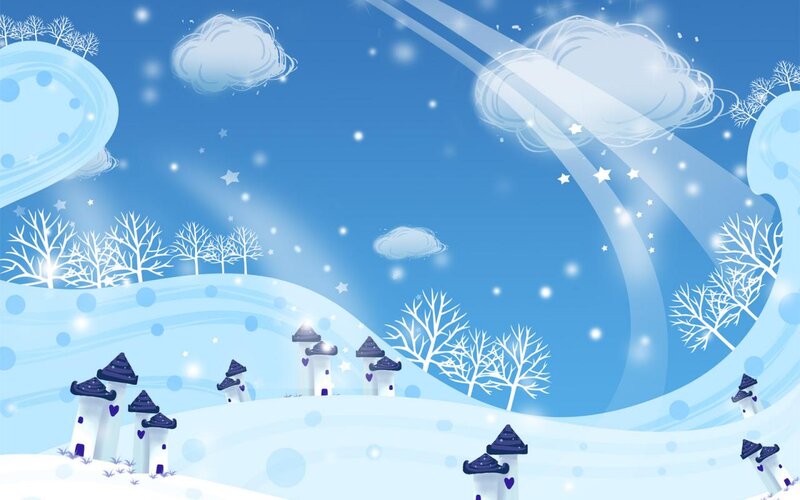 Snow-covered Village — Blue, Serene, Winter, Digital Art, Clouds
