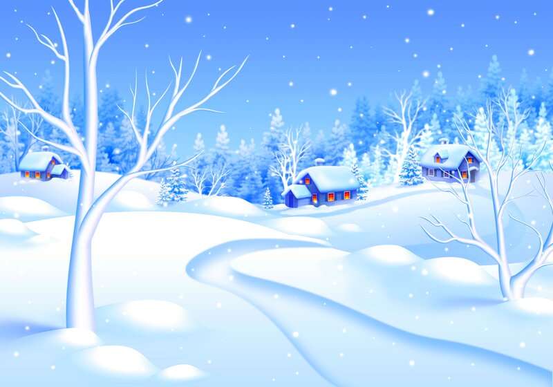Snow-covered Village — Blue, Serene, Winter, Digital Art, Houses