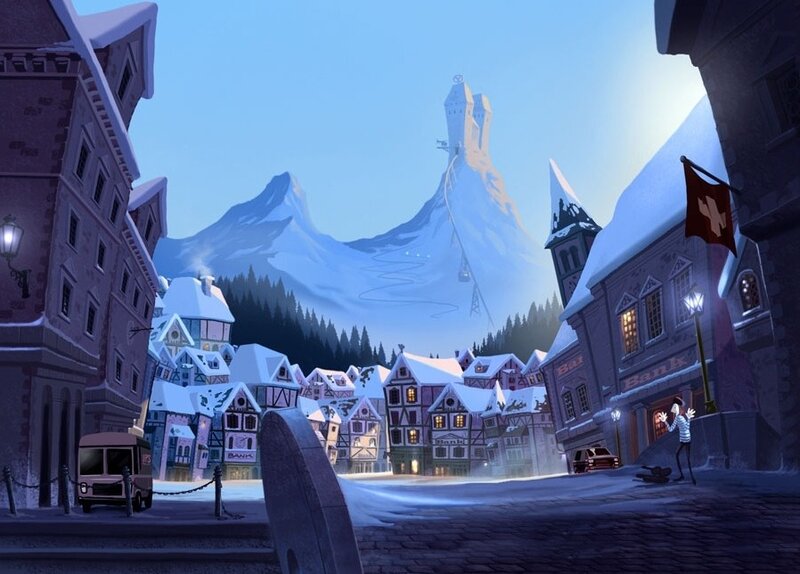 Snow-covered Village — Blue, Serene, Winter, Digital Art, Mountain, Flag