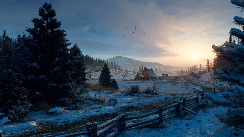 Snow-covered Village — Blue, Serene, Winter, Digital Art, Mountains, Church