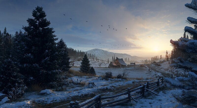 Snow-covered Village — Blue, Serene, Winter, Digital Art, Mountains, Trees