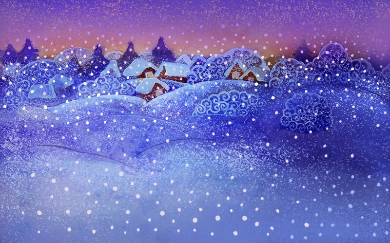 Snow-covered Village — Blue, Serene, Winter, Illustration, Houses, Trees