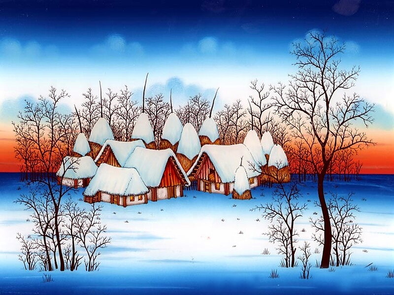Snow-covered Village — Blue, Serene, Winter, Illustration