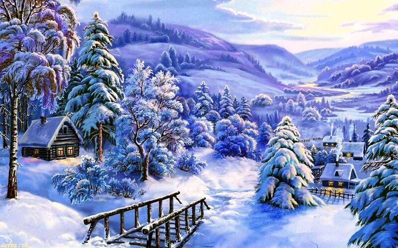Snow-covered Village — Blue, Serene, Winter, Painting, Cabin