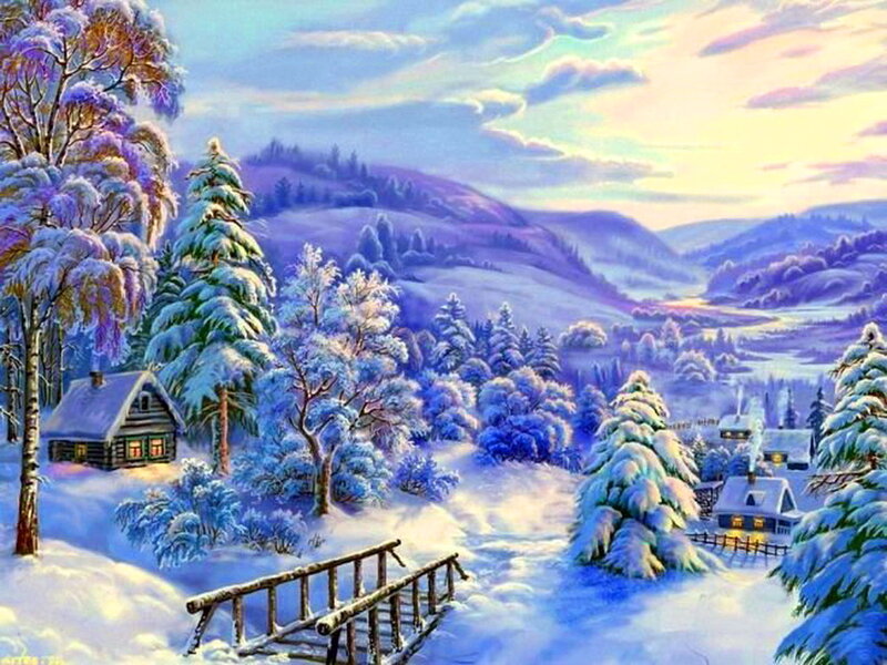Snow-covered Village — Blue, Serene, Winter, Painting, Cabin, Trees, Bridge