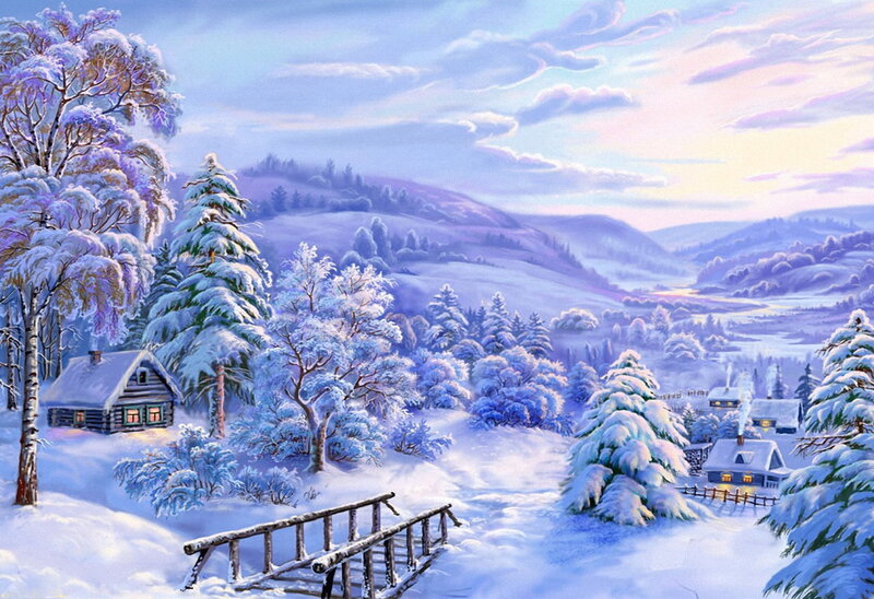 Snow-covered Village — Blue, Serene, Winter, Painting, Cabin, Trees
