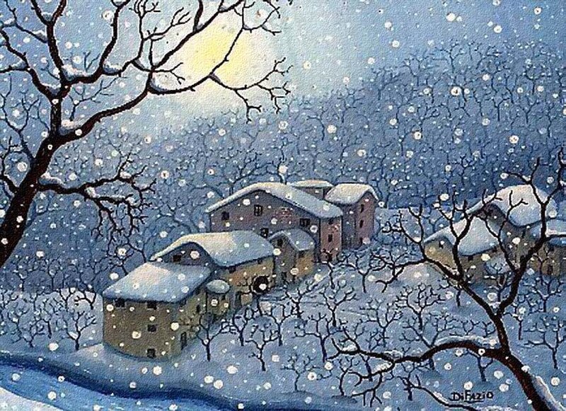 Snow-covered Village — Blue, Serene, Winter, Painting, Houses, Trees