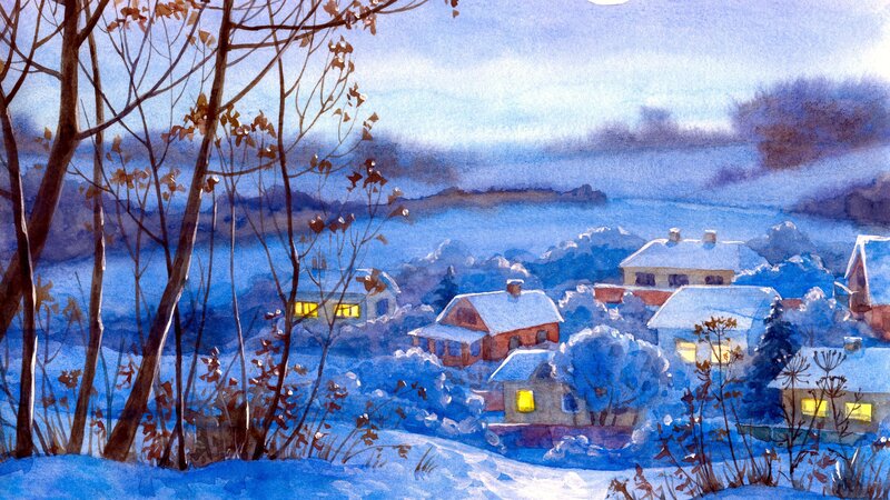Snow-covered Village — Blue, Serene, Winter, Painting, Houses, Trees, Windows