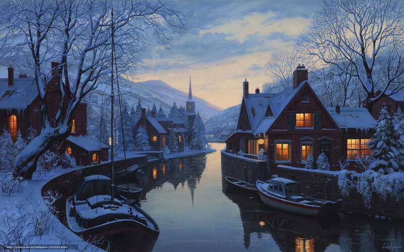 Snow-covered Village — Blue, Serene, Winter, Painting, River, Boats
