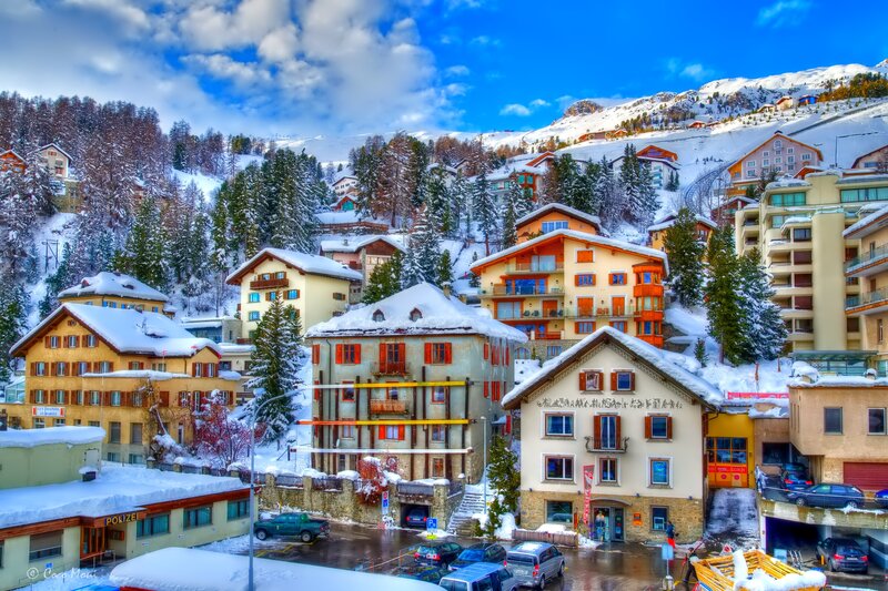 Snow-covered Village — Blue, Serene, Winter, Photograph, Buildings