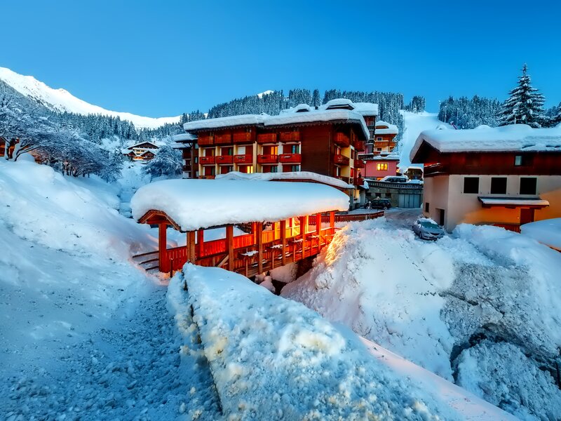Snow-covered Village — Blue, Serene, Winter, Photograph, Buildings, Trees