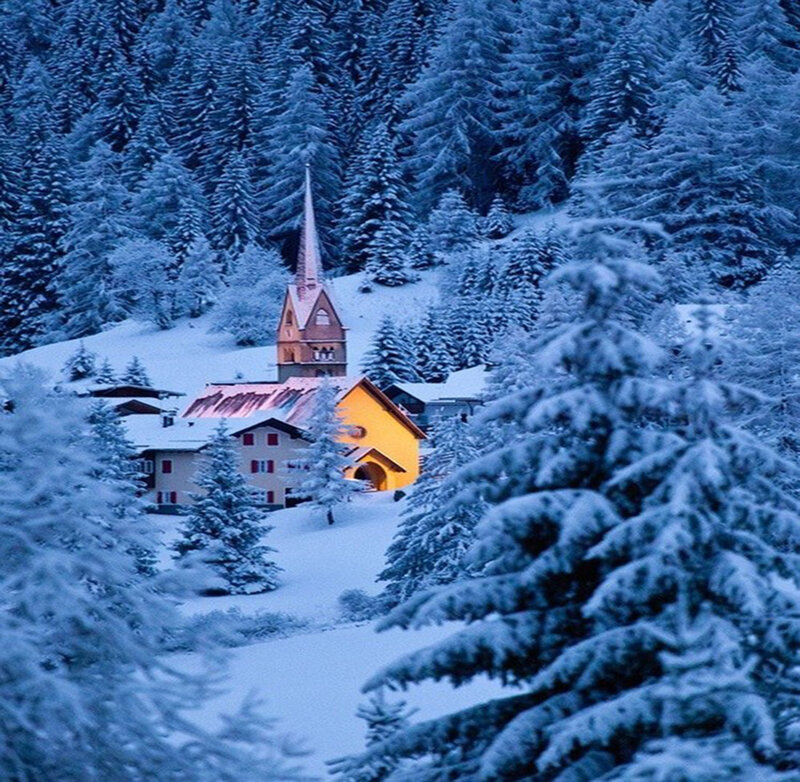 Snow-covered Village — Blue, Serene, Winter, Photograph, Church