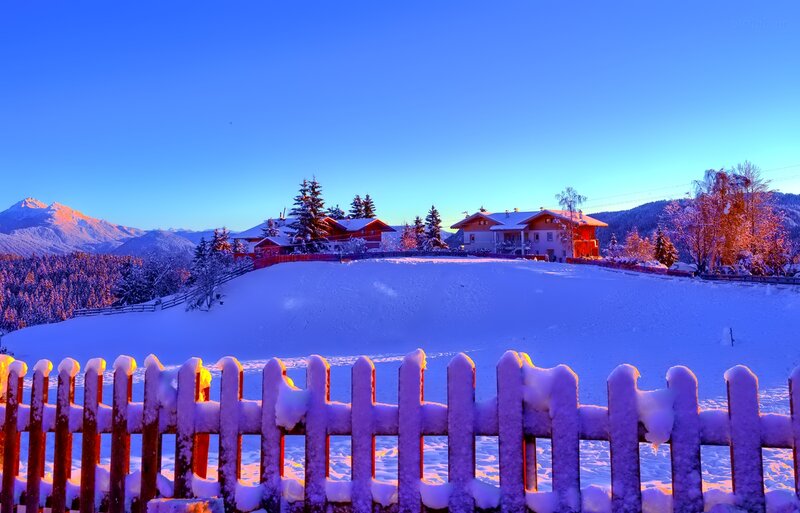 Snow-covered Village — Blue, Serene, Winter, Photograph, Fence
