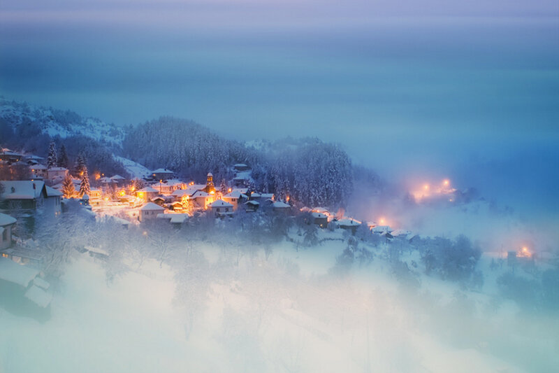 Snow-covered Village — Blue, Serene, Winter, Photograph, Fog