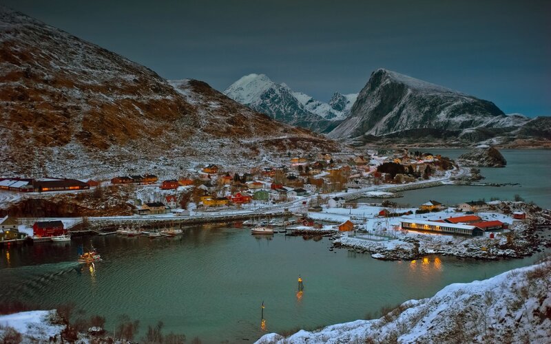 Snow-covered Village — Blue, Serene, Winter, Photograph, Mountains, Harbor