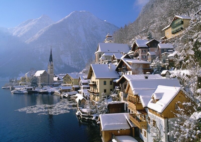 Snow-covered Village — Blue, Serene, Winter, Photograph, Mountains